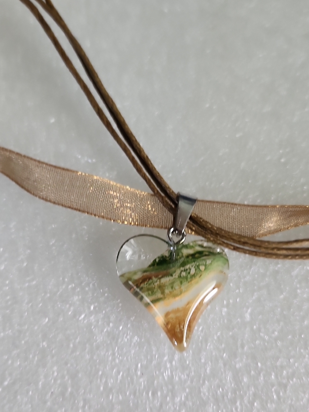 Hand Crafted Green and Brown Heart Glass Pendant Necklace